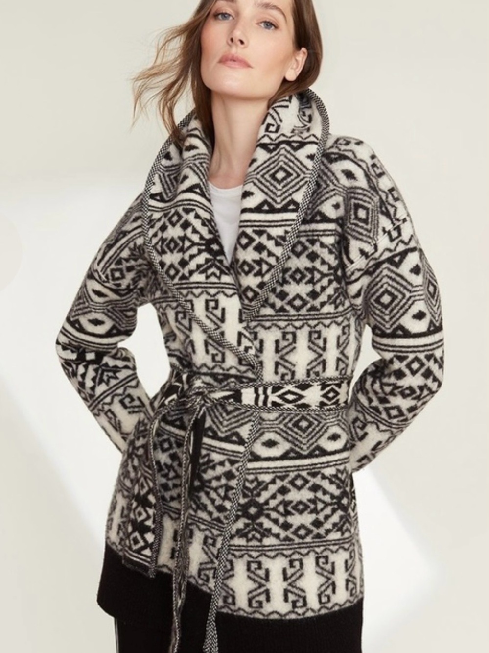 Veronica Beard Black and White Patterned Shawl Collar Belted Cardigan